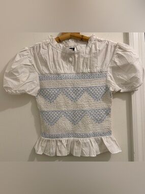White Smocked Puff-Sleeve Blouse with Light Blue Embroidery